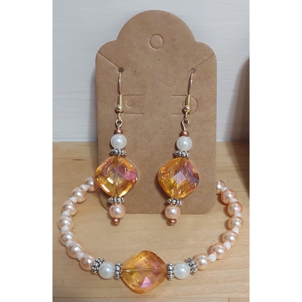 Handmade Sweet Peach Shimmer Jewelry Set Peach Crystal Faux Pearl Earrings Brace